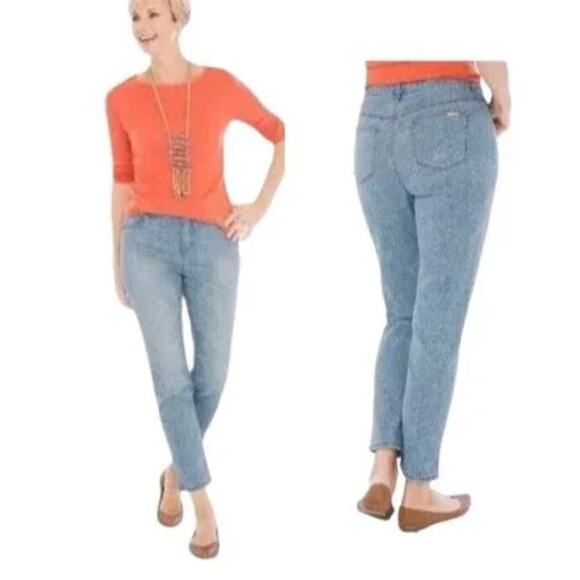 Chicos So Slimming Girlfriend Ankle Faded Blue Floral Print Crop Jeans 00 - Picture 9 of 9